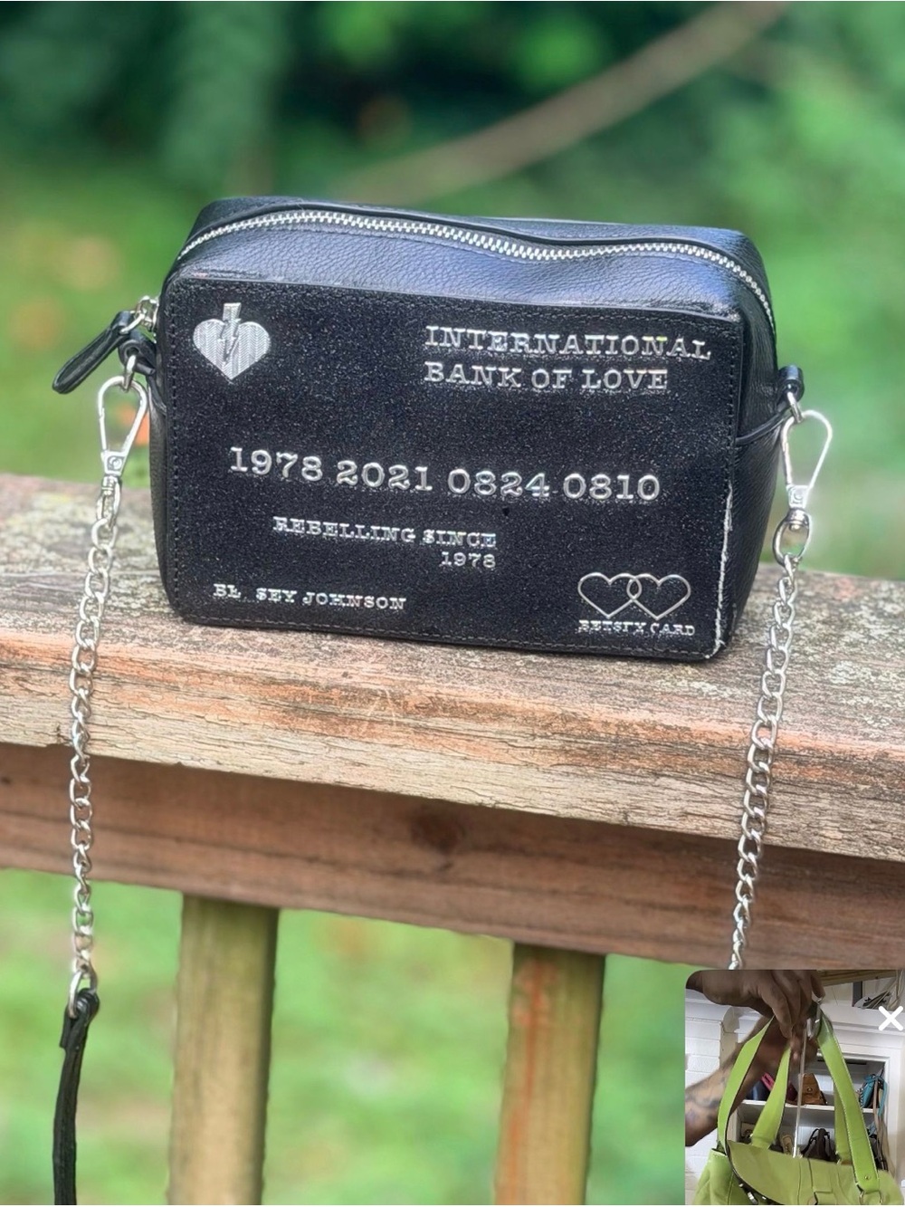 Betsey Johnson Bank of Love crossbody bag featuring a black credit card design.